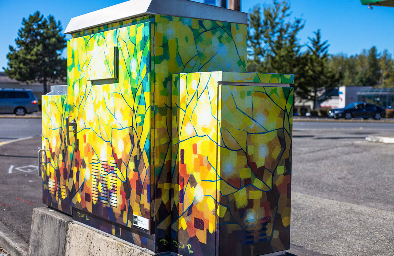 Dinah Rau’s “Stained Glass Forest” brings abstract, colorful trees to Pacific Highway South and South 272nd Street. COURTESY PHOTO, City of Kent