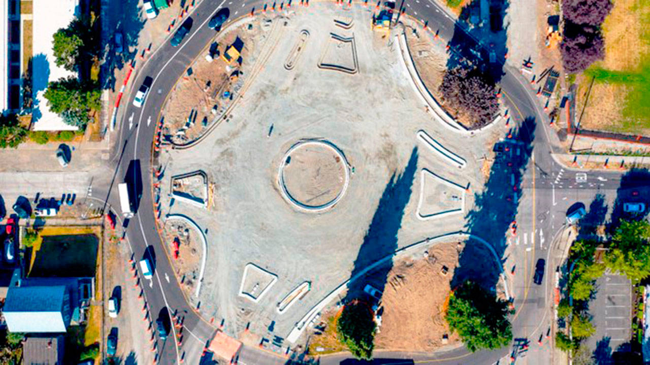 A photo via a drone of the Fourth Avenue South and Willis Street roundabout construction in Kent. COURTESY PHOTO, City of Kent Public Works