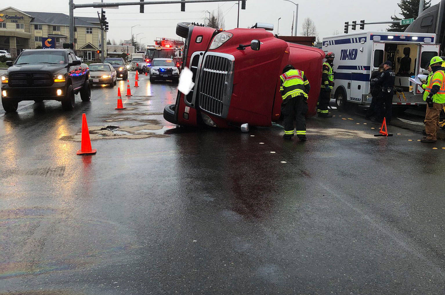 A semi overturned Tuesday morning, Dec. 15 in the 22400 block of 84th Avenue South. The driver suffered minor injuries. The license plate was whited out by Puget Sound Fire. COURTESY PHOTO, Puget Sound Fire