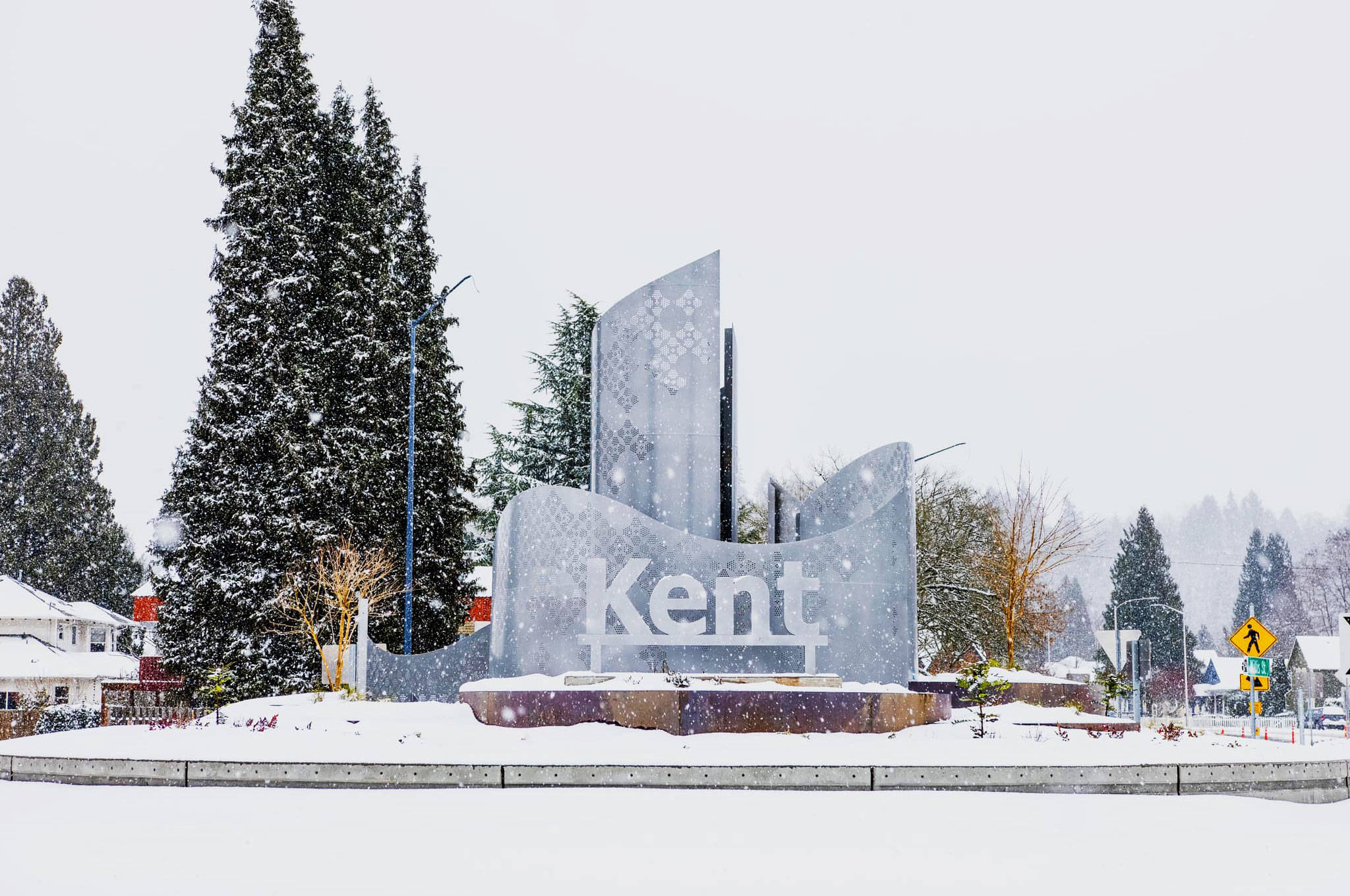 Snow piles up over the weekend at the new Willis Street roundabout and city of Kent sign. COURTESY PHOTO, City of Kent