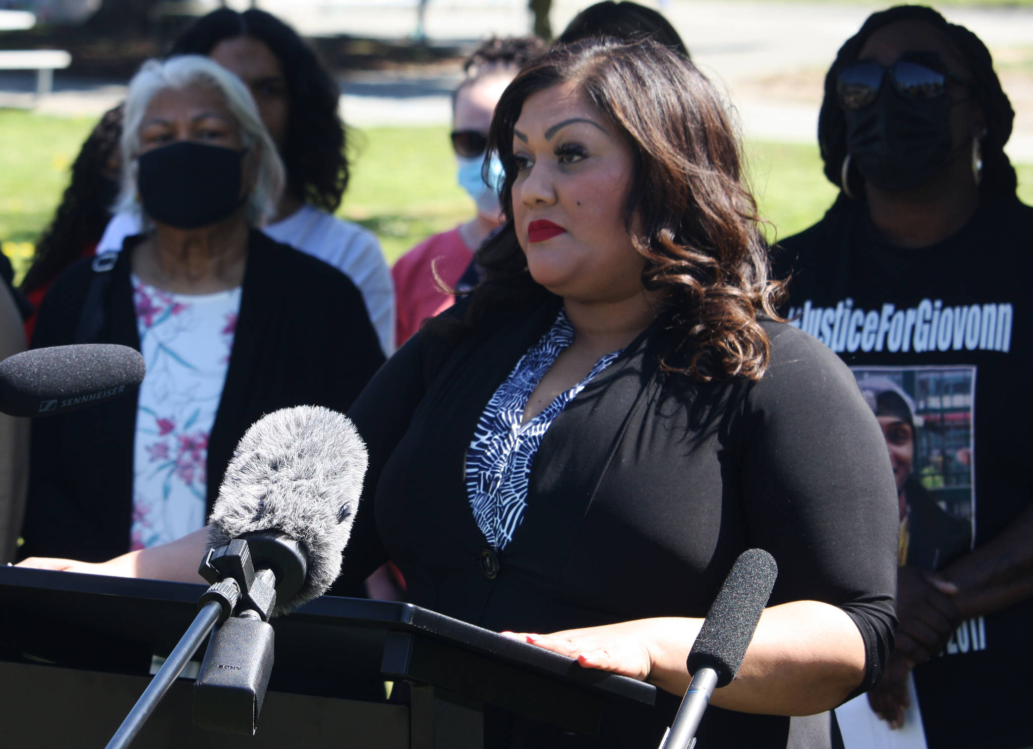 Sonia Joseph speaks about her son Giovonn Joseph-McDade at a press conference April 15 at Canterbury Park in Kent. STEVE HUNTER, Kent Reporter