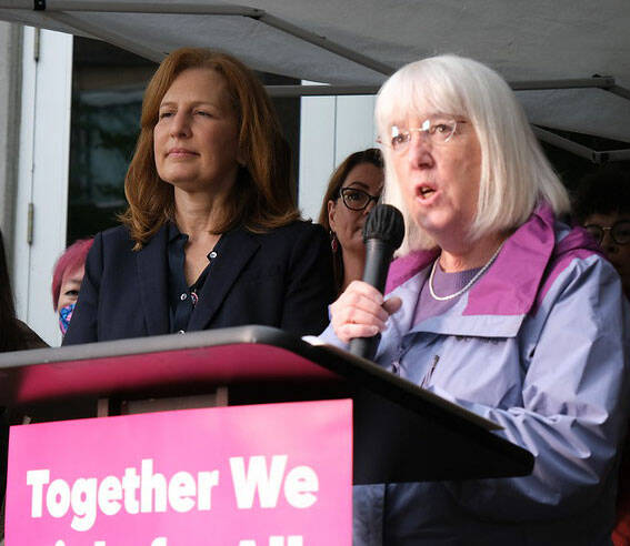 U.S. Democratic Sen. Patty Murray speaks May 6 at an abortion rights rally in Seattle. U.S. Rep. Kim Schrier, D-Sammamish, is on the left. COURTESY PHOTO, Patty Murray