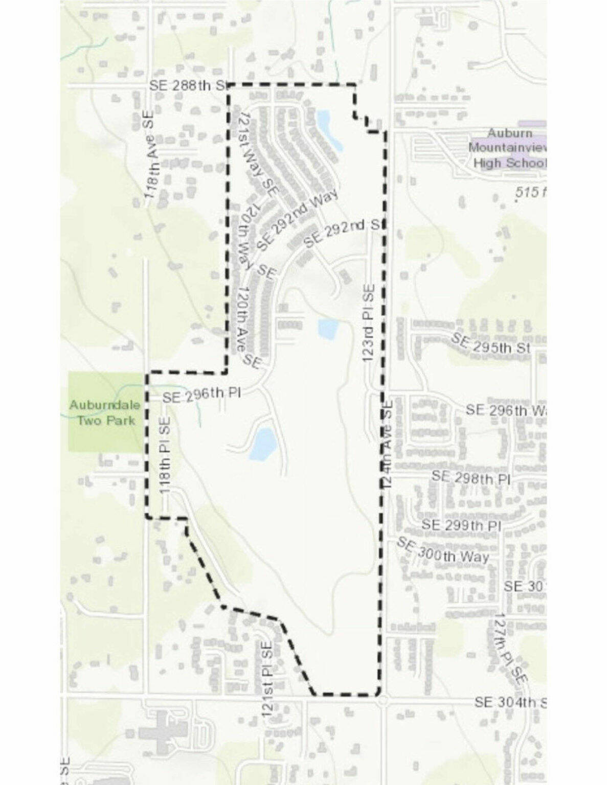 The area within the dotted line is a Kent neighborhood known as The Bridges, completely surrounded by Auburn. COURTESY IMAGE, City of Kent