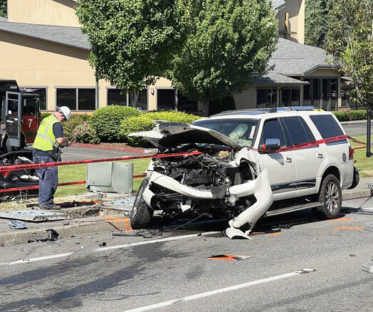 A vehicle sustained major damage after a two-vehicle collision Thursday afternoon, June 15 along SE 240th Street near 120th Avenue SE. COURTESY PHOTO, Puget Sound Fire