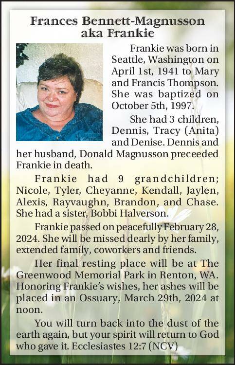Frances Bennett-Magnusson (aka Frankie) | Obituary