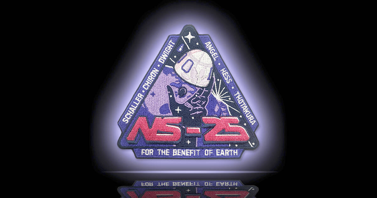 Blue Origin’s NS-25 flight patch with symbols representing the six crew members. COURTESY IMAGE, Blue Origin