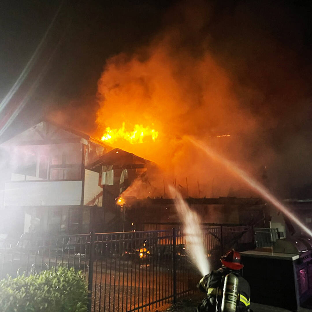 Firefighters battle a blaze Friday morning, May 17 in Kent at the Renew Water’s Edge Apartments leasing office in the 6200 block of South 238th Place. COURTESY PHOTO, Puget Sound Fire