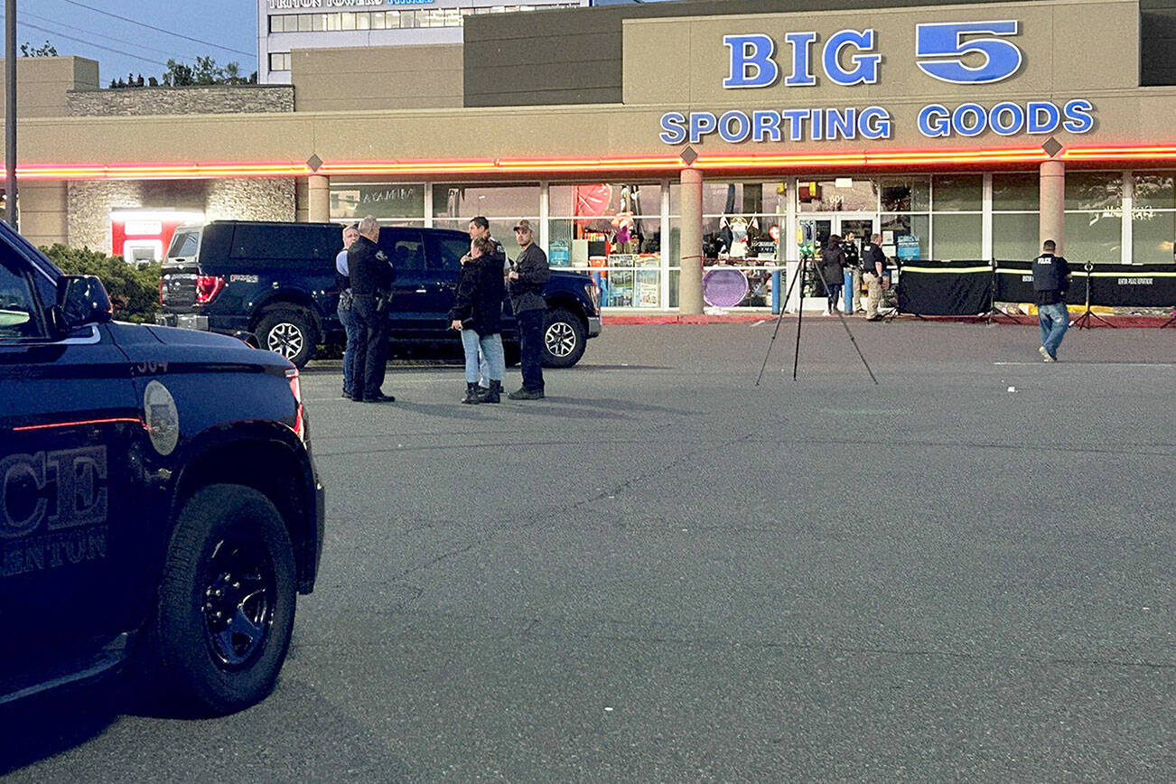 Renton Police respond June 5 to a fatal shooting outside the Big 5 Sporting Goods store on South Grady Way. COURTESY PHOTO, Renton Police