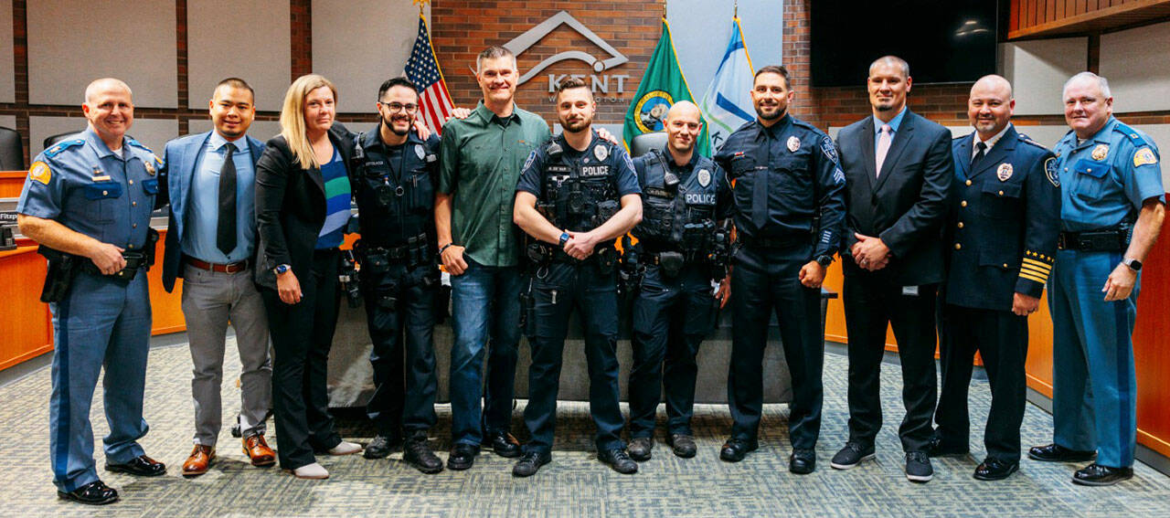 From left to right: State Patrol Assistant Chief James Mjor II, Kent Detectives D. Yagi and L. Dvorak, Kent Patrol Officer L. Bertolacci, Trooper Raymond Seaburg, Kent Patrol Officer N. De Var, Kent K-9 Officer M. Flesher, Kent Patrol Sgt. M. Levi, Kent Detective L. Brandeberry, Kent Chief Rafael Padilla, State Patrol Capt. Ron Mead. COURTESY PHOTO, Kent Police