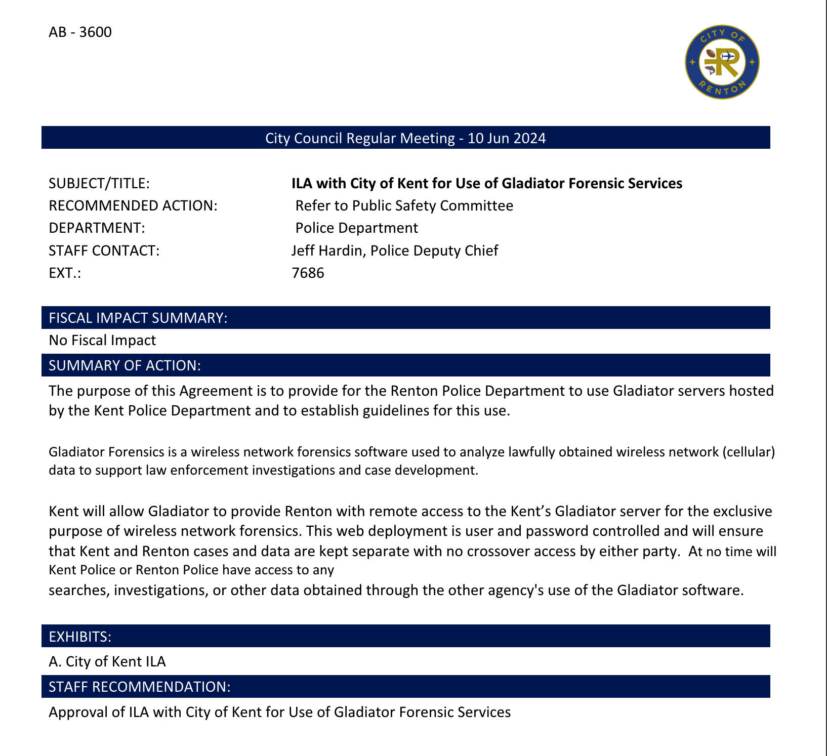 Screenshot from Renton Police Department resolution with Kent