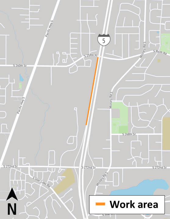 A map of the 24/7 single-lane closure along southbound Interstate 5 in Kent from July 21 to Aug. 5 between South 259th Street and South 272nd Street. COURTESY GRAPHIC, Sound Transit