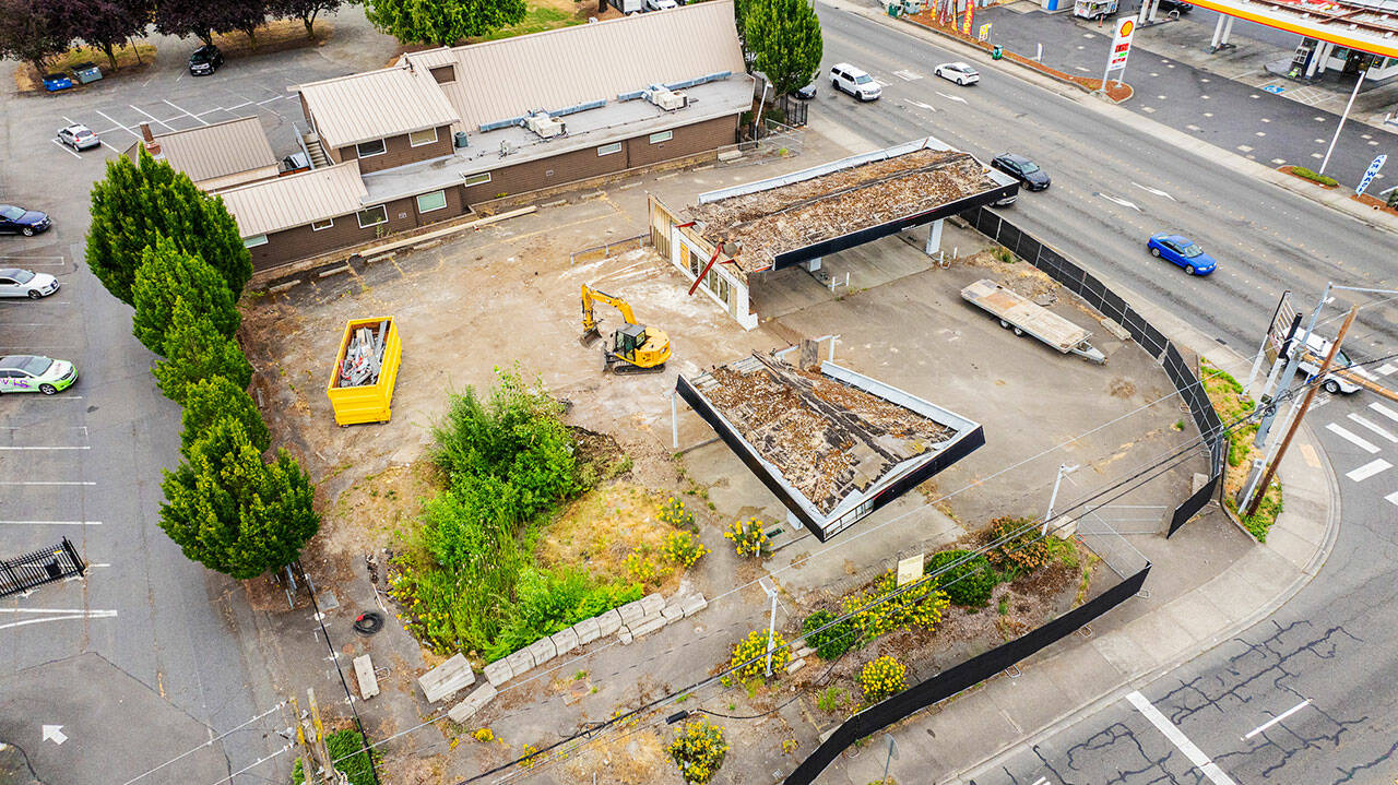 A vacant gas station at the northwest corner of James Street and Central Avenue North in Kent is finally coming down after about 16 years of sitting empty. COURTESY PHOTO, City of Kent