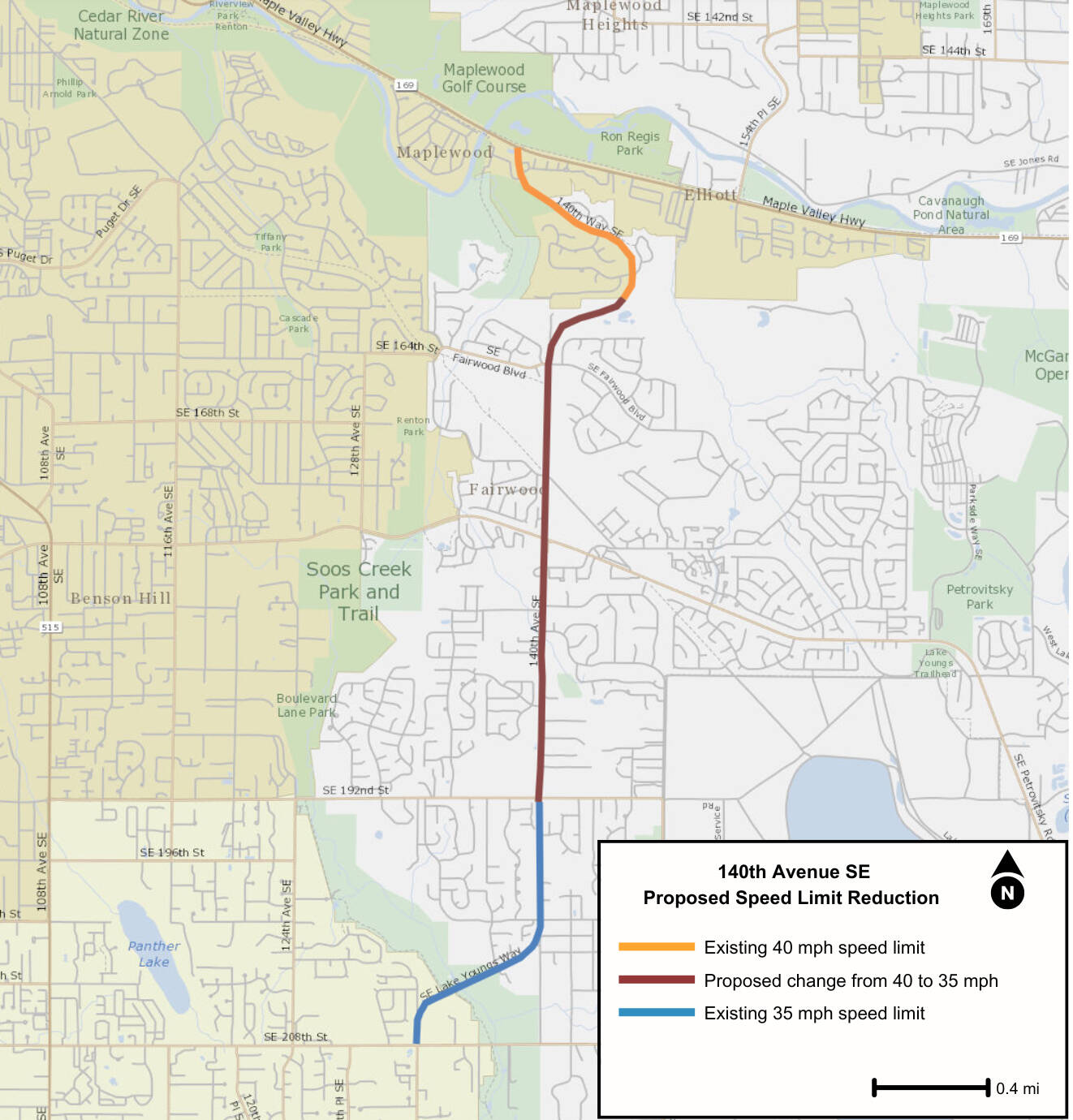 The proposed speed limit change to 35 mph on 140th Avenue Southeast in Fairwood would be between the Renton city limits and Southeast 192nd Street (indicated in brown on the map). Courtesy of King County Road Services.