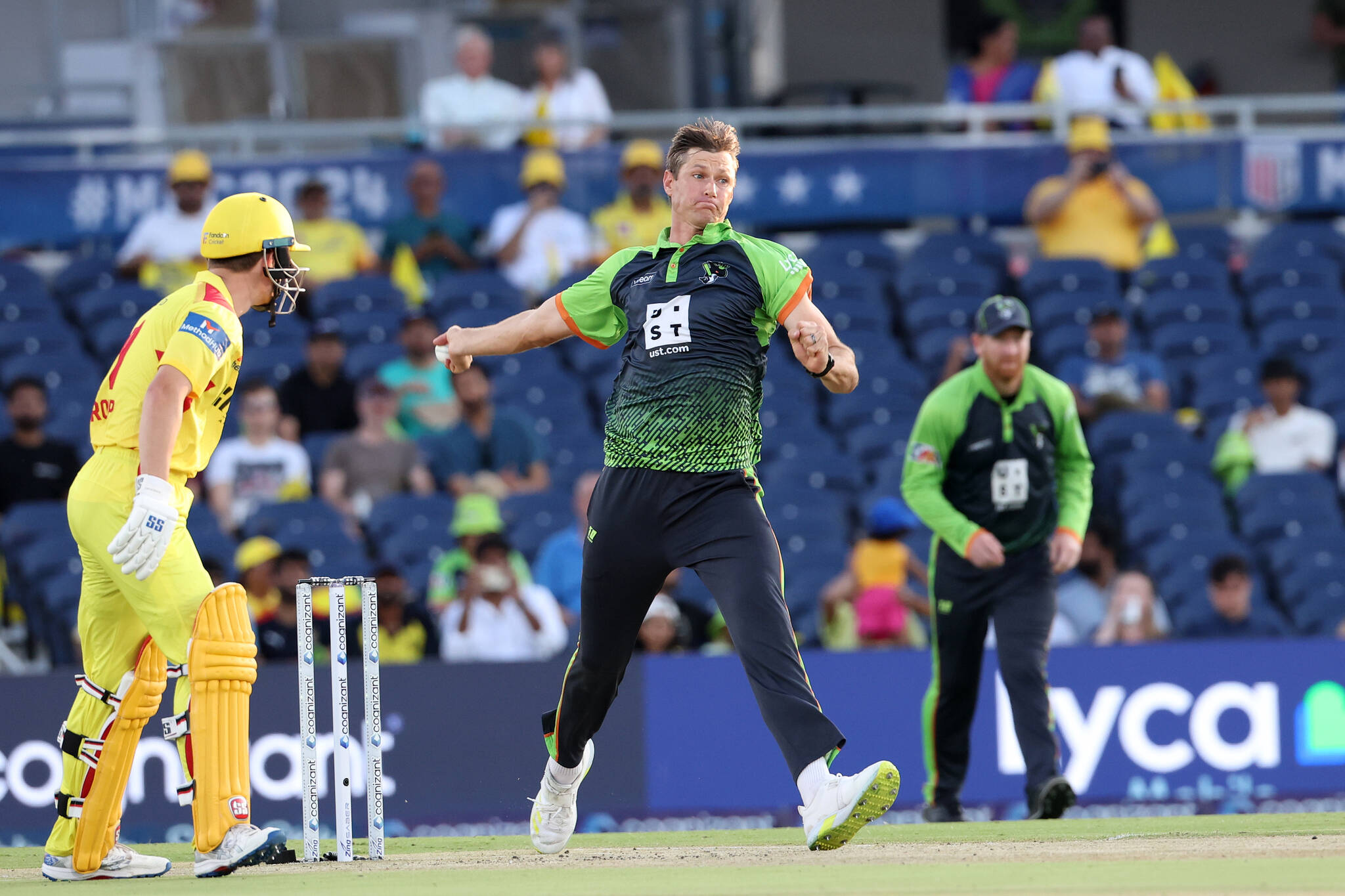 Cameron Gannon of the Seattle Orcas during match twenty one of the Cognizant Major League Cricket season 2 between Seattle Orcas and Texas Super Kings held at the Grand Prairie cricket stadium, Grand Prairie, United States of America (USA) on the 23rd July 2024 Photo by Ron Gaunt / Sportzpics for MLC
Credit: Major League Cricket