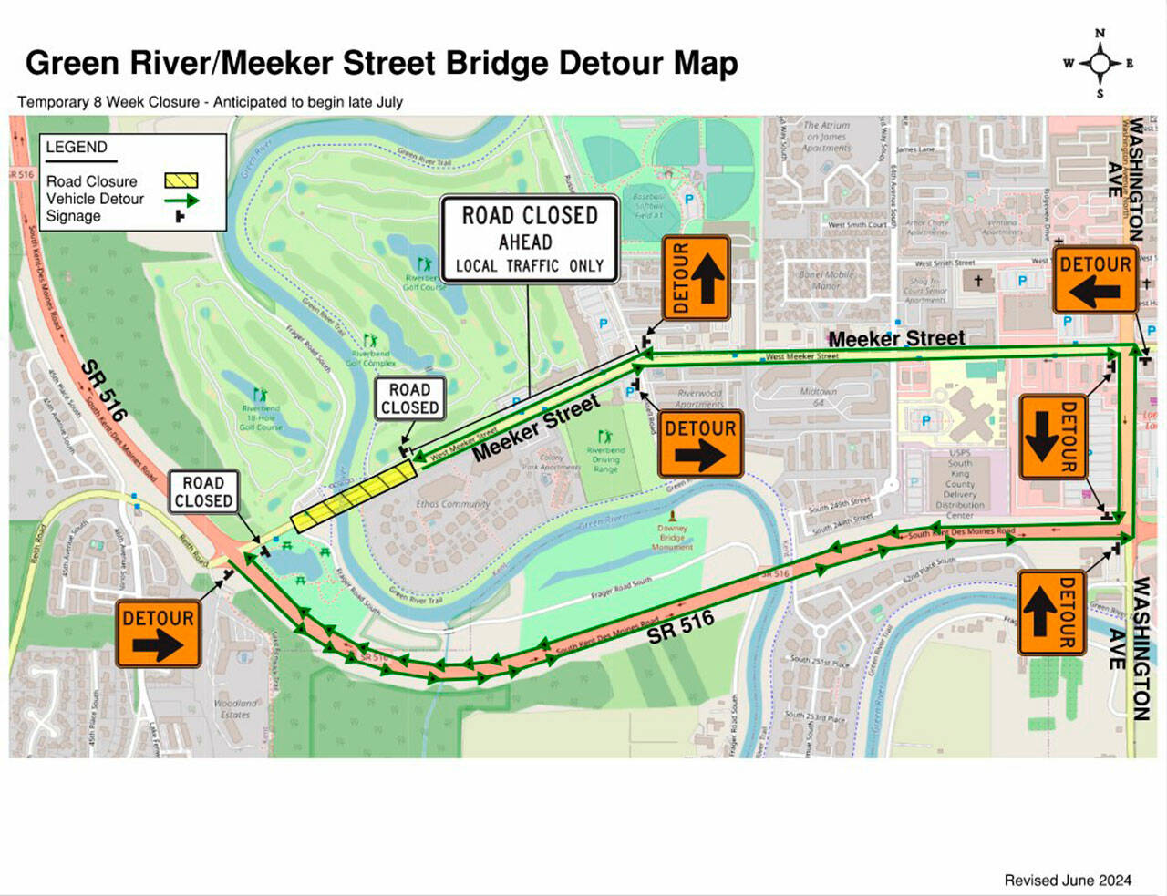 Detour routes during the Aug. 5 to Sept. 29 closure of the Meeker Bridge. COURTESY GRAPHIC, City of Kent