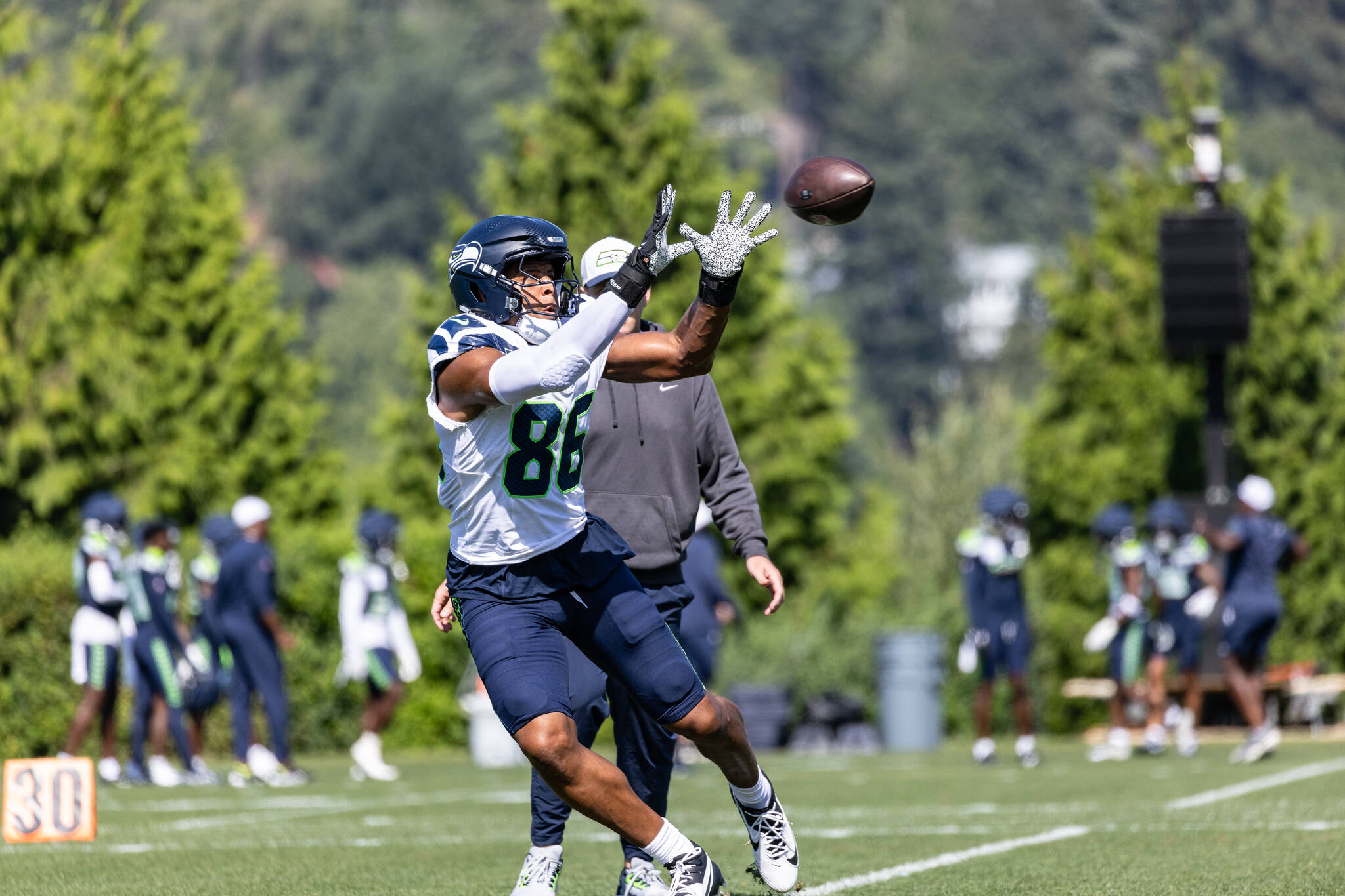 Seahawks Tight End Pharaoh Brown makes a catch during practice at the Virginia Mason Athletic Center. Photo provided by Maria Dorsten.