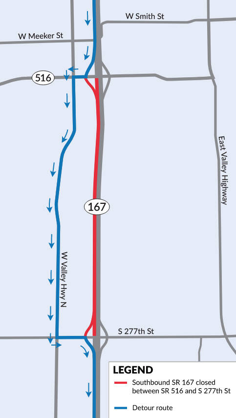 Southbound SR 167 will be closed for repaving in Kent from 8 p.m. Friday, Aug. 16 to 4 a.m. Monday, Aug. 19 between SR 516 and South 277th Street. COURTESY GRAPHIC, WSDOT