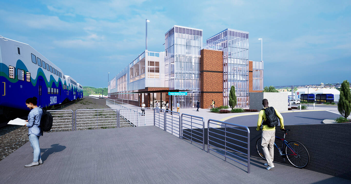 A preliminary rendering showing the view of the Kent Station parking garage from the train platform. Construction is expected to be done in 2027. COURTESY IMAGE, Sound Transit