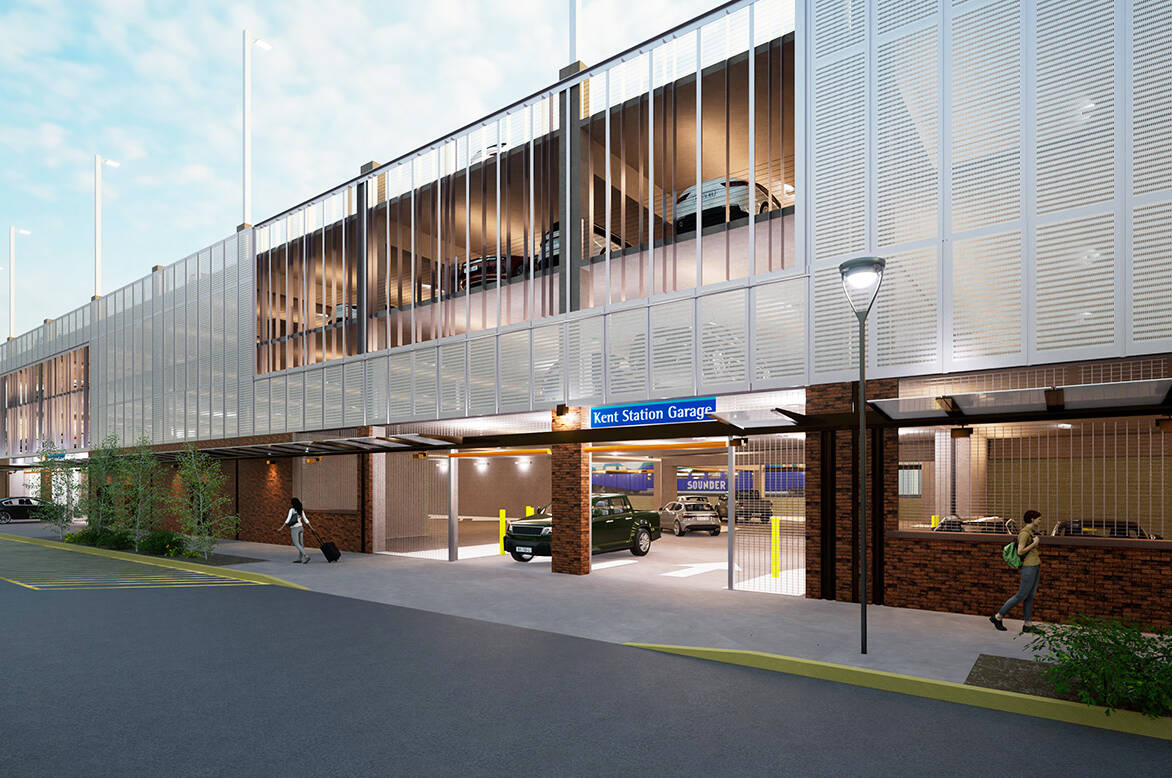 A rendering of the Kent Station parking garage to open in 2027. COURTESY GRAPHIC, Sound Transit