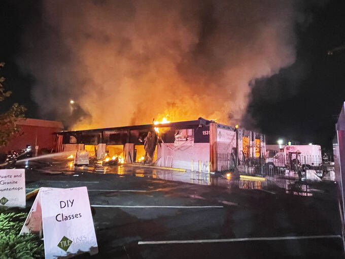 A fire strikes Tile Lines, a Kent retail showroom, on Friday, Aug. 23 at 1531 Central Ave. S. The owner of the business was found dead inside. COURTESY PHOTO, Puget Sound Fire