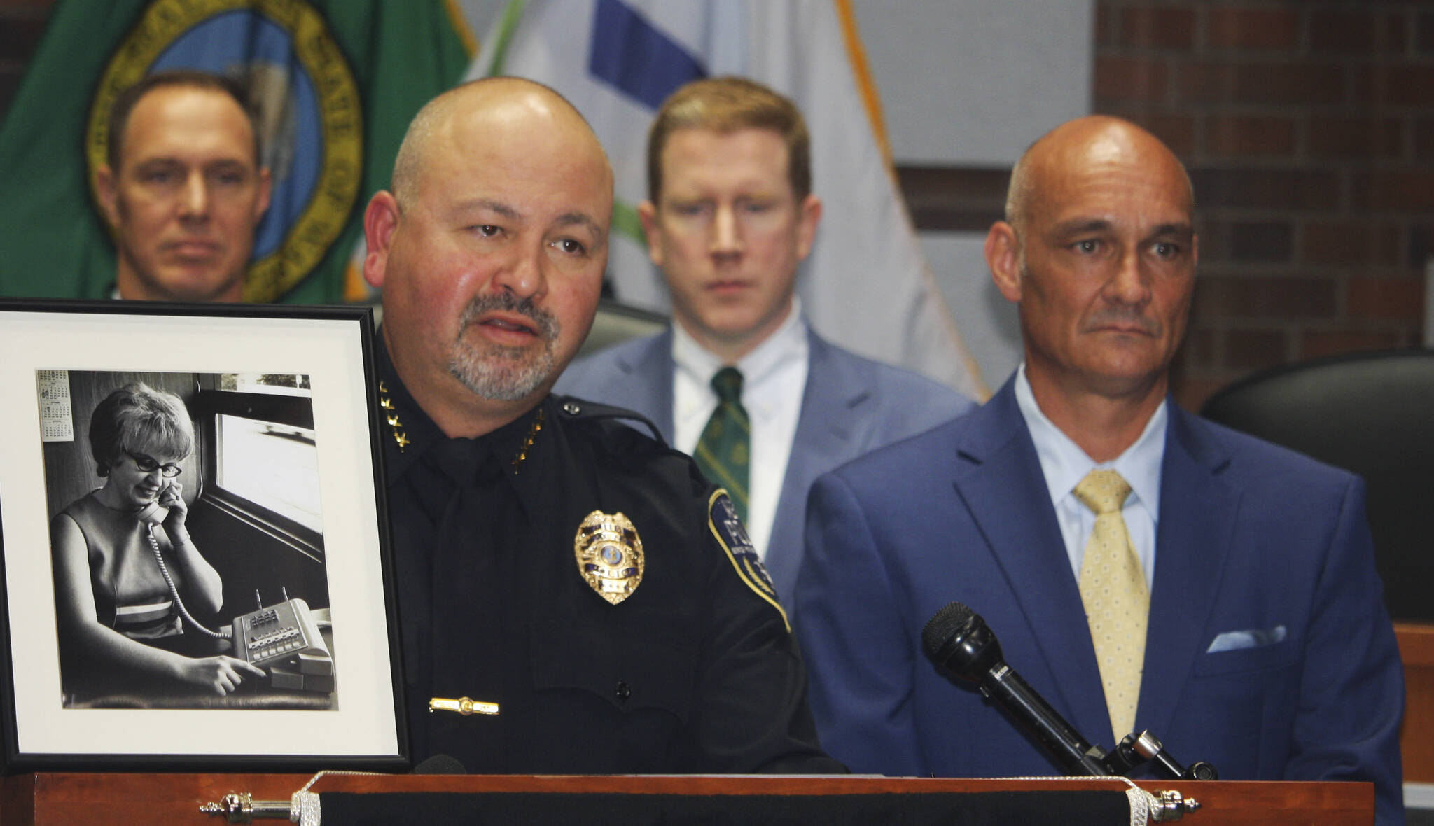 Kent Police Chief Rafael Padilla, left, and Detective Tim Ford talk at a Wednesday, Aug. 28 press conference at City Hall about solving a cold case from 1980 in the killing of Dorothy “Dottie” Silzel. STEVE HUNTER, Kent Reporter