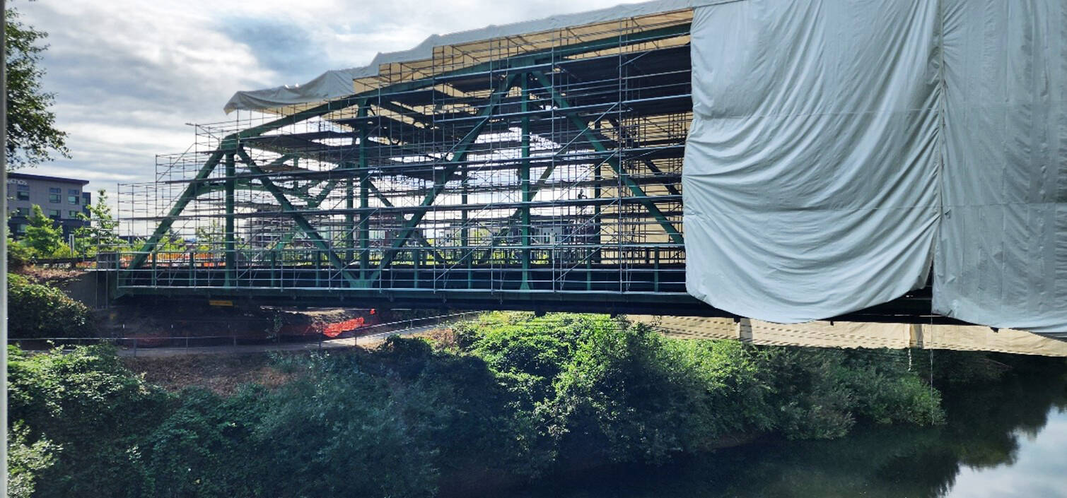 Preparation of the Meeker Street bridge in Kent for repainting. The bridge remains closed until Sept. 29. COURTESY PHOTO, City of Kent