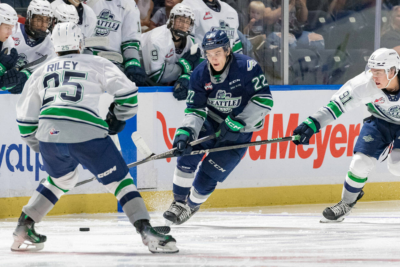 Simon Lovsin controls the puck in the Seattle Thunderbirds annual Blue vs. White game Sunday, Sept. 1 at the accesso ShoWare Center in Kent. COURTESY PHOTO, Brian Liesse, Seattle Thunderbirds