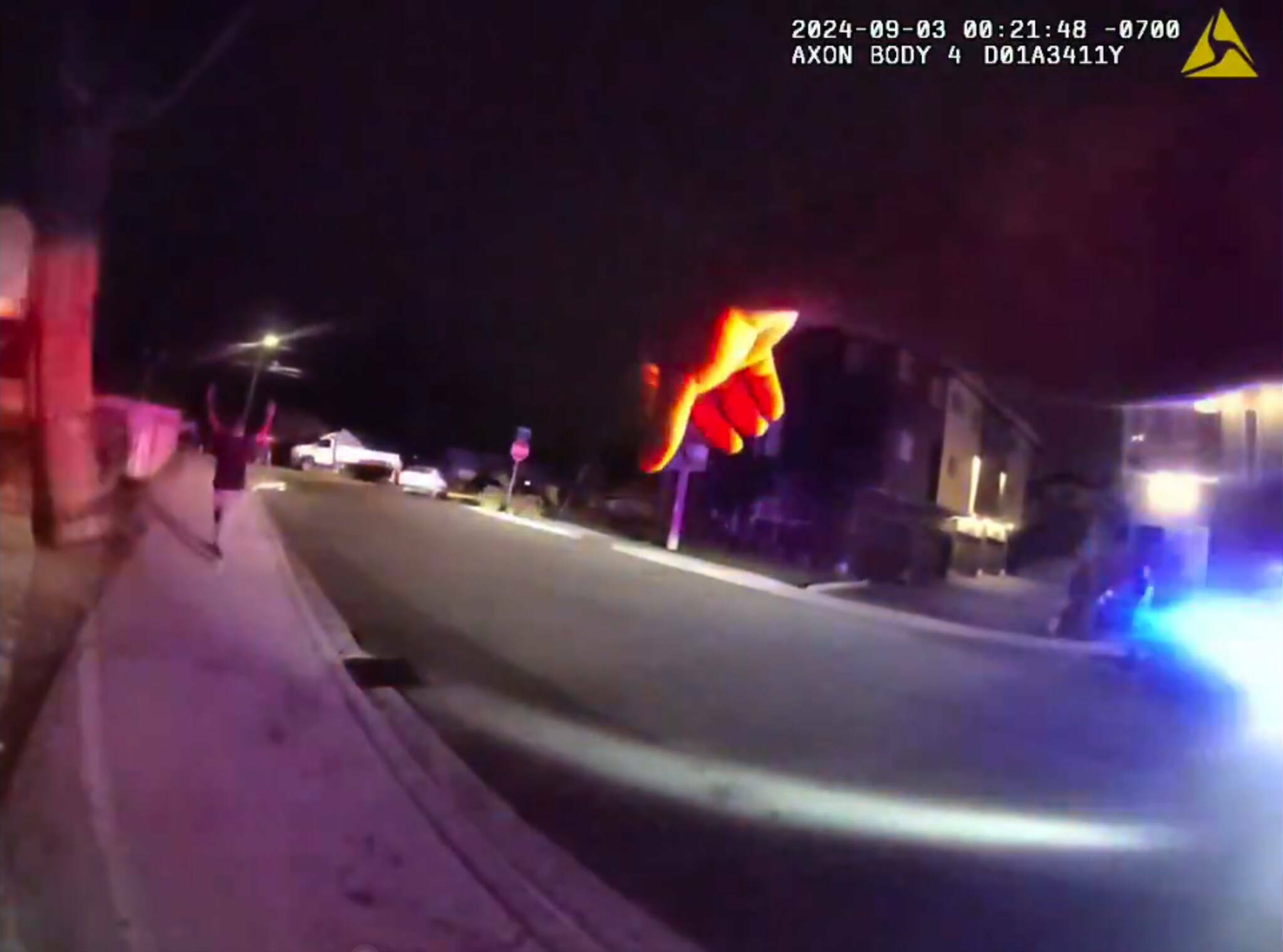 Screenshot from body-worn camera video by Pierce County Sheriff’s Office X account of Eric Perkins being arrested.