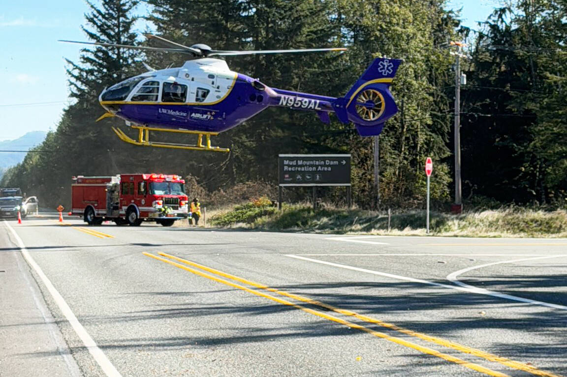 Two people were transported by helicopter after a three-vehicle crash Oct. 13 on State Route 410 near Enumclaw. Two people died at the scene. COURTESY PHOTO, Puget Sound Fire