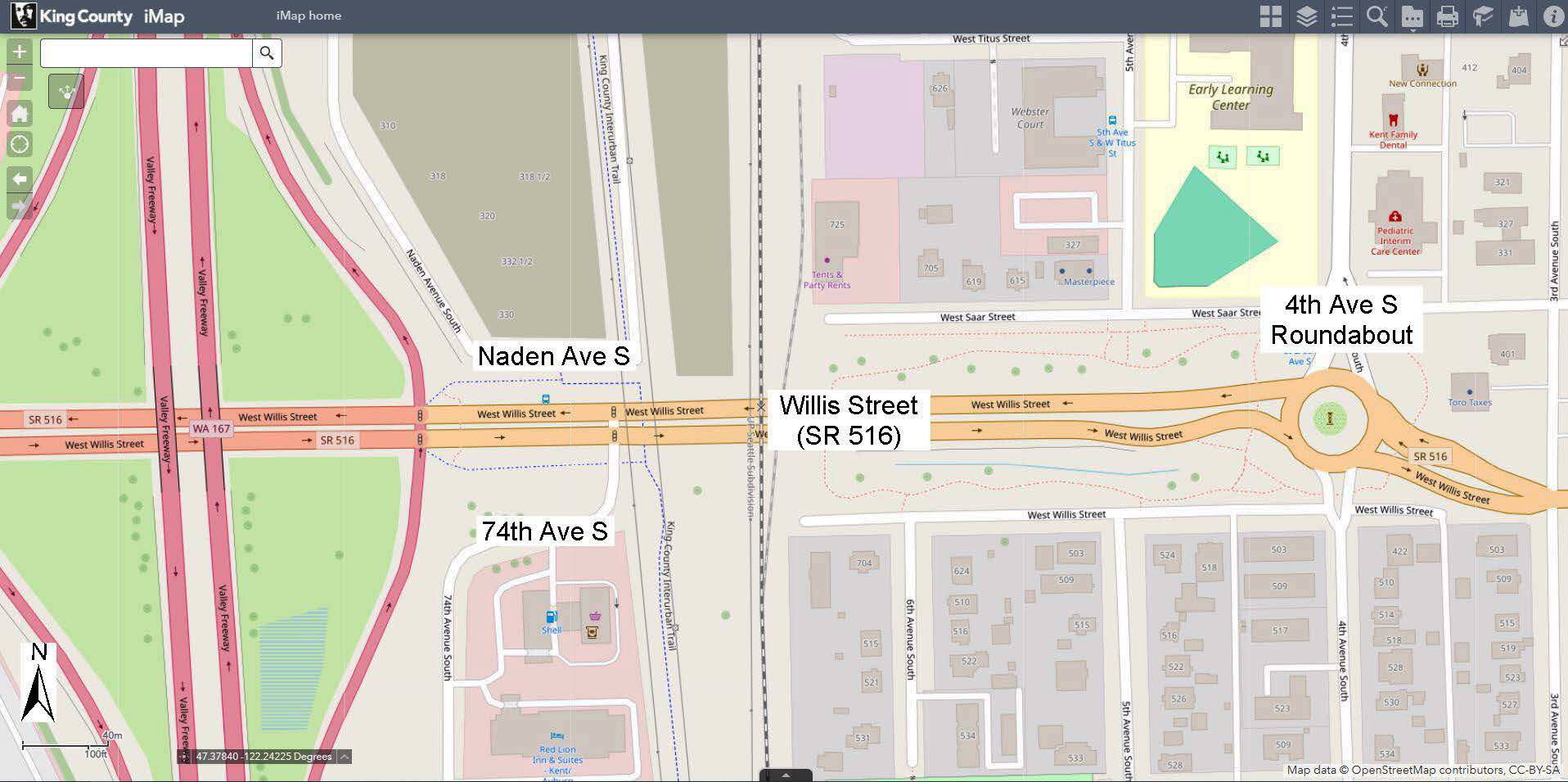 A map shows the intersection of 74th Avenue South and Willis Street and a future Naden Avenue South. When construction at the intersection is finished in 2025, drivers on northbound 74th Avenue must turn right and then go through the Fourth Avenue roundabout in order to head west on Willis Street. COURTESY GRAPHIC, King County