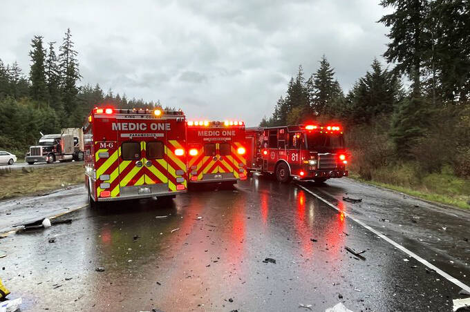 Emergency vehicles respond Oct. 21 to the State Route 18 crash in Maple Valley that killed a Kent baby. COURTESY PHOTO, Puget Sound Fire