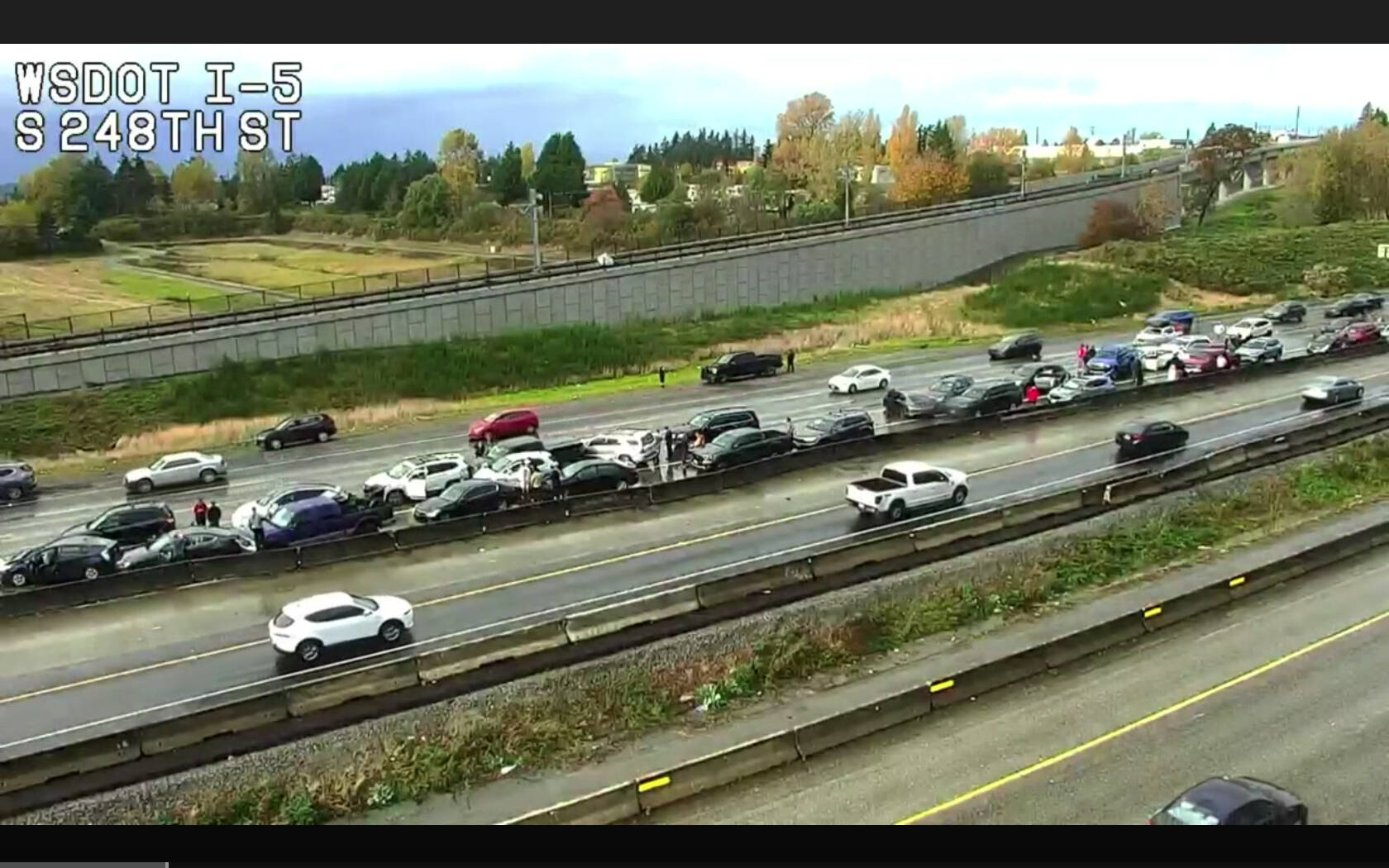 Forty-five vehicles were involved in a crash at about 1:40 p.m. Sunday, Oct. 27, along southbound Interstate 5 in Kent. Nobody was seriously injured. COURTESY IMAGE, WSDOT