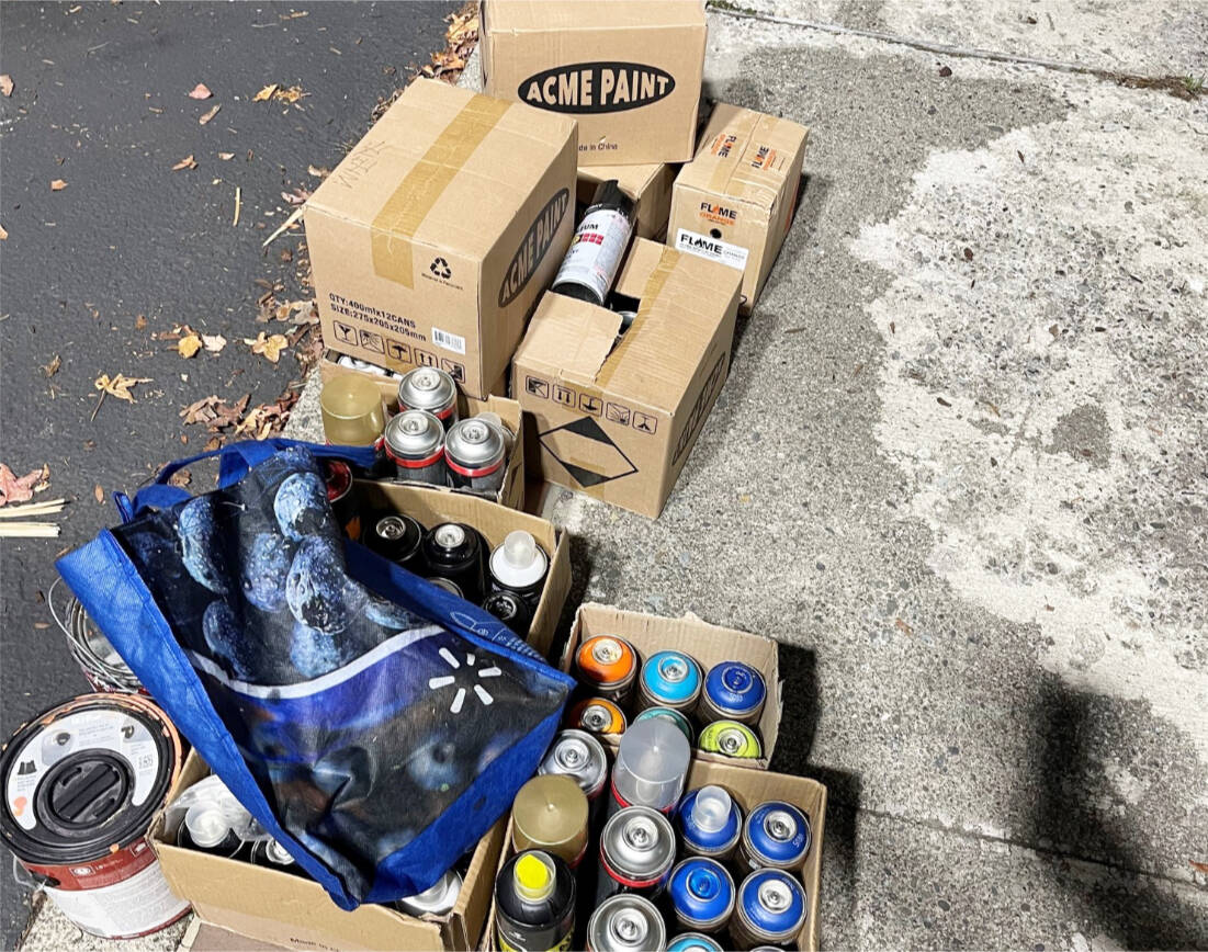 A graffiti vandal, found Nov. 6 in Kent and wanted by Seattle Police, reportedly had spray paint cans in the vehicle impounded by police. COURTESY PHOTO, Kent Police