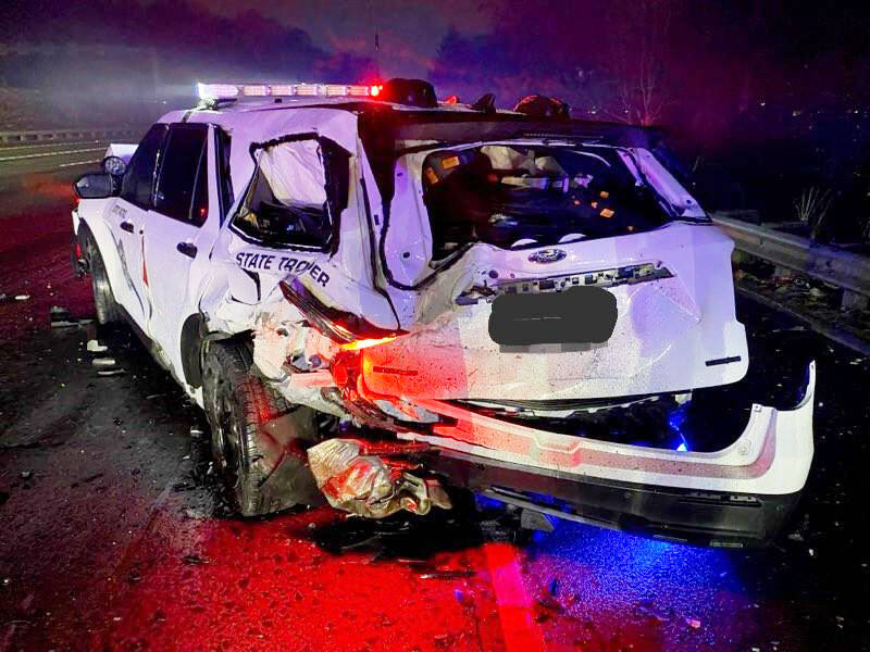 One of the four Washington State Patrol vehicles struck by three reportedly impaired drivers on King County roads during a four-hour period over the Nov. 23-24 weekend. COURTESY PHOTO, Washington State Patrol