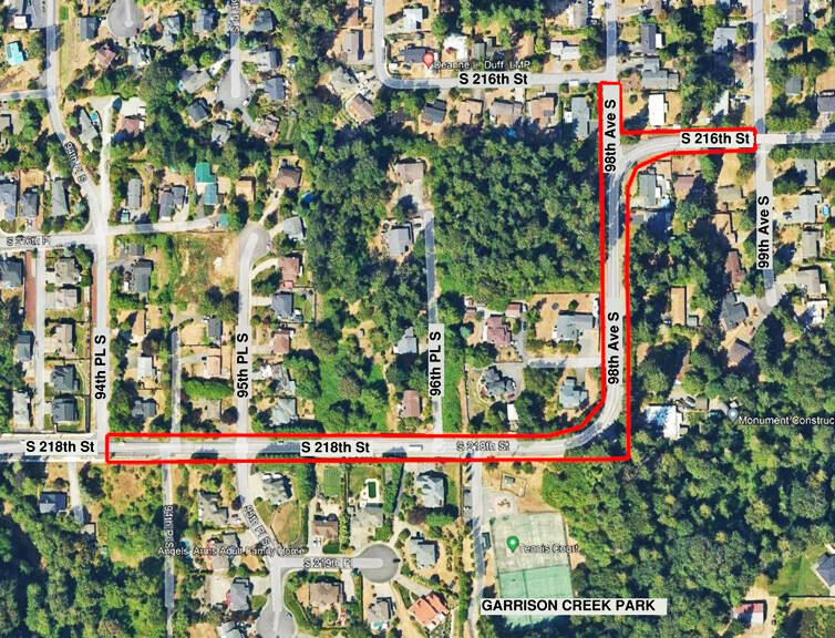 A map shows the construction work area for the widening of South 218th/216th streets in Kent. COURTESY GRAPHIC