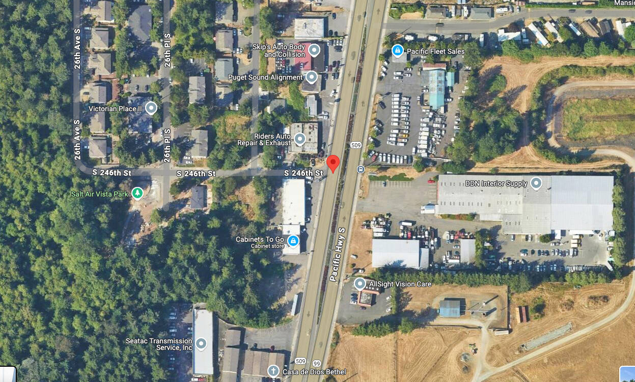 Location along Pacific Highway South on Kent’s West Hill that will get a pedestrian crossing, between South 244th Street and South 246th Street. Google screenshot