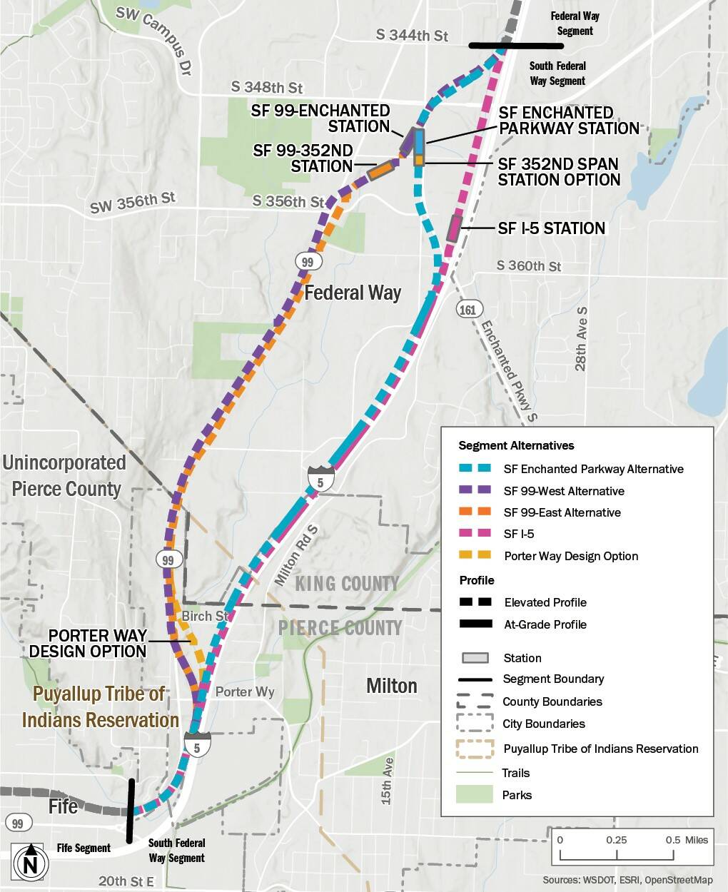 For the area of light rail between Federal Way and Fife, two alternatives would generally align with I-5 while the other three would go along SR-99. Graphic provided by Sound Transit.