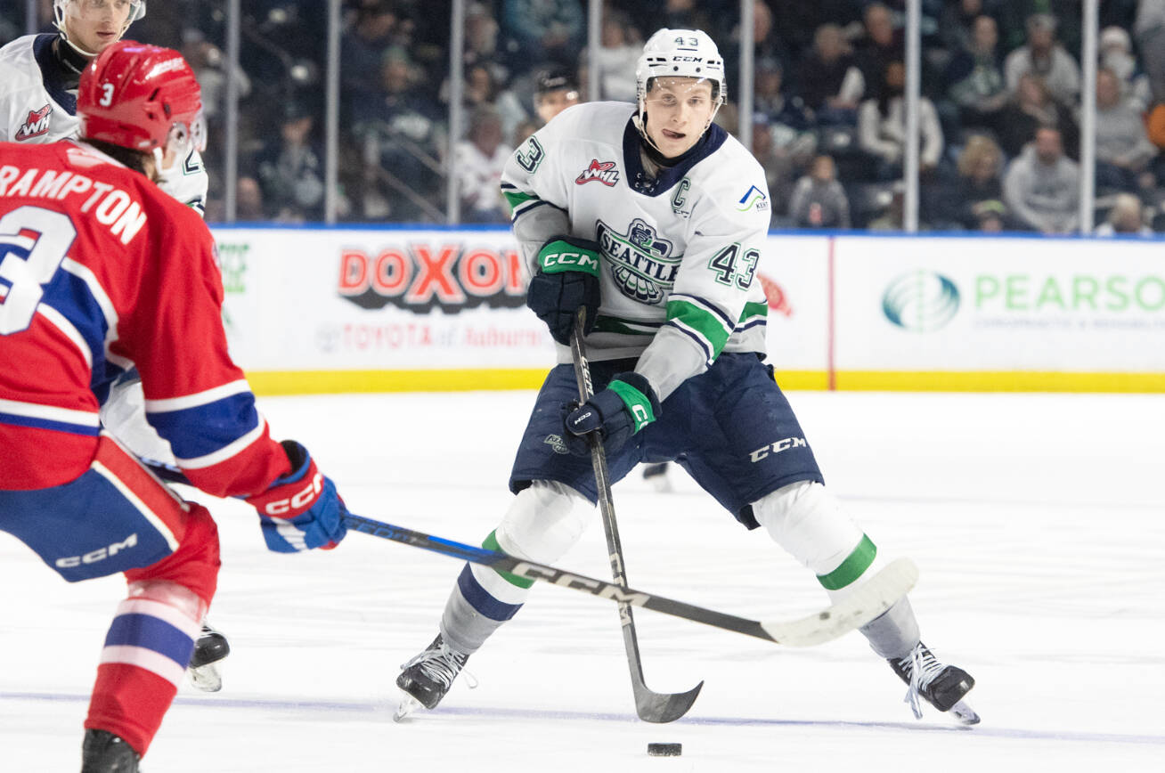 Seattle Thunderbirds defenseman Sawyer Mynio is part of the Canada National Junior Team competing in the IHHF World Junior Championship Dec. 26 to Jan. 5 in Ottawa, Ontario. COURTESY PHOTO, Brian Liesse, Seattle Thunderbirds