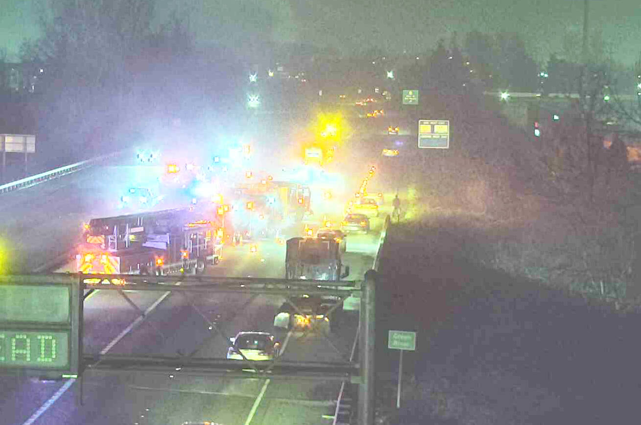 A head-on collision critically injured one man and closed northbound State Route 167 near South 277th Street in Kent at about 3:08 a.m. Sunday, Jan. 15. COURTESY PHOTO, WSDOT